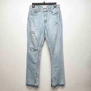 Zara Woman Denim High Rise Distressed Jeans Womens 6 Cotton Light Wash Raw Hem